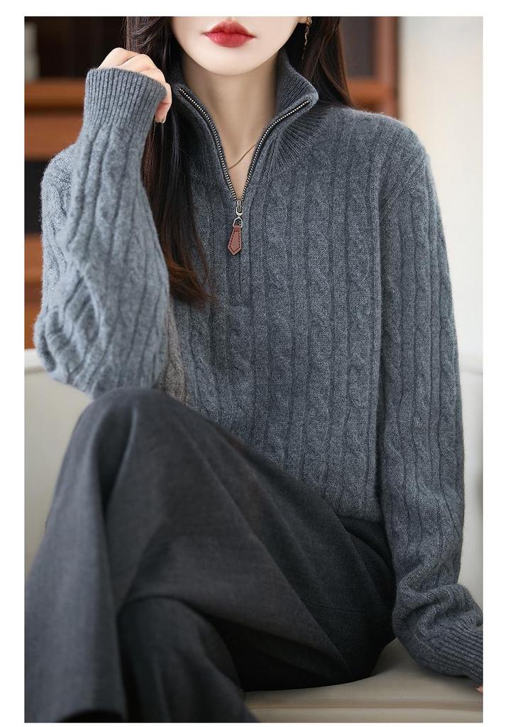Women's Polo Collar 100% Pure Wool Sweater - Thickened, Zip-Up, Cable Knit, Long Sleeve Base Layer for Autumn and Winter