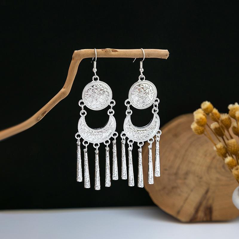 Ethnic Style Imitation Miao Silver Earrings, Colorful Long Fringed Chain Earrings, Hot-selling Earrings In Scenic Spots, Qinghe Jewelry Batches
