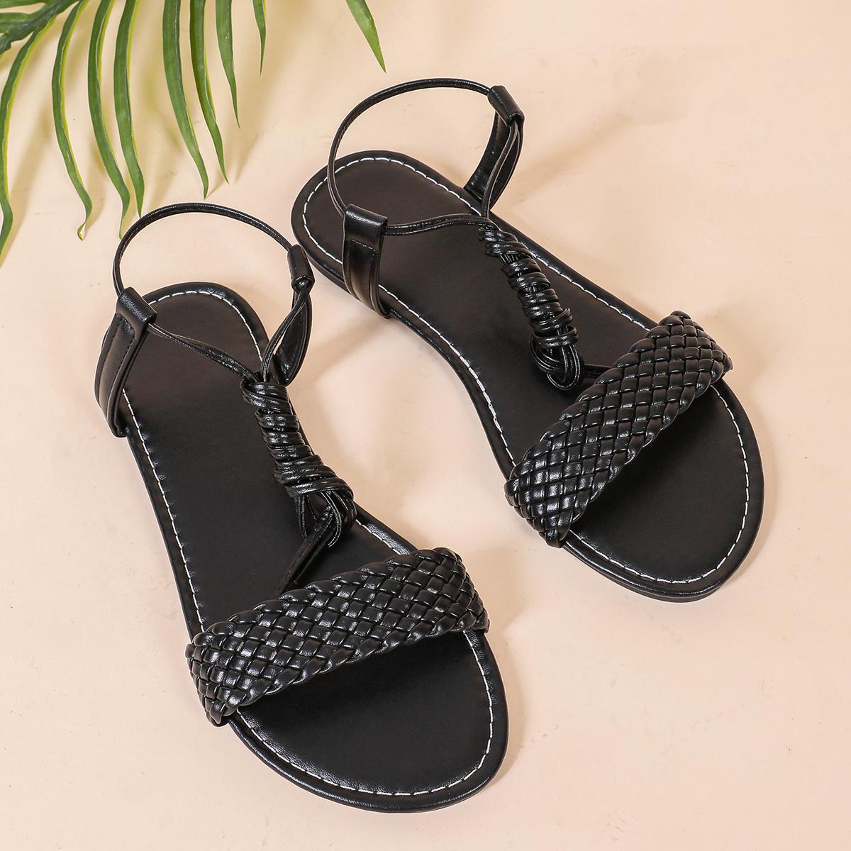 

Женские повседневные сандалии на плоской подошве с плетеным дизайном, популярная черная удобная обувь, сандалии с ремешками, подходят для повседневной носки. 35