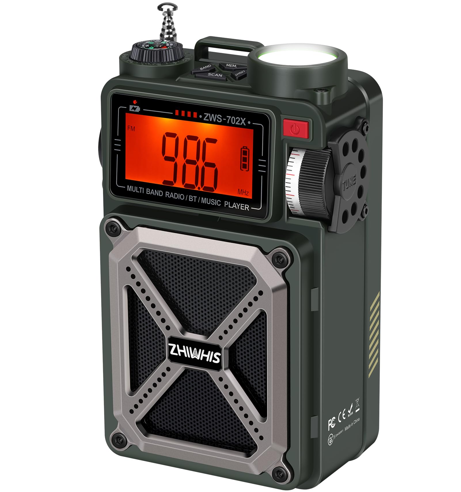 

ZHIWHIS Bluetooth Аварійне FM SOS Карта MicroSD USB-накопичувач Технічне схвалення Для вулиці BCL Новий динамік, Радіо, FM/AM/Короткі хвилі/Широка підтримка, Ліхтарик, чорний