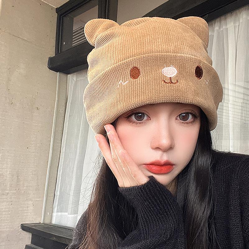 Cute Cat Embroidered Knitted Hat Outdoor Warm Ear Protection Cat Ears Wool Cap Over Head Cold Cap Street Beanies Cap Penny Cap