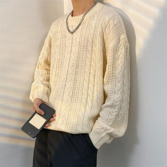 Men Fall Winter Sweater Solid Color Knitted Warm Thick Long Sleeve Loose Anti-shrink Pullover Casual Couple Unisex Sweater
