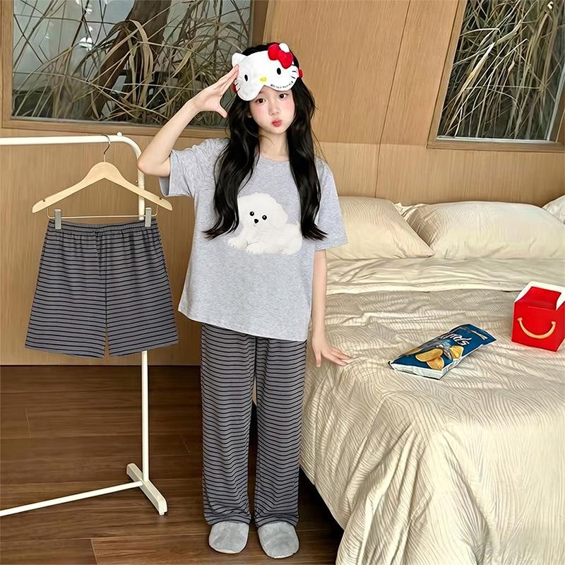 Girls' Cartoon Pajama Set - Short Sleeve, Long Pants, 3-Piece Summer Sleepwear for Kids
