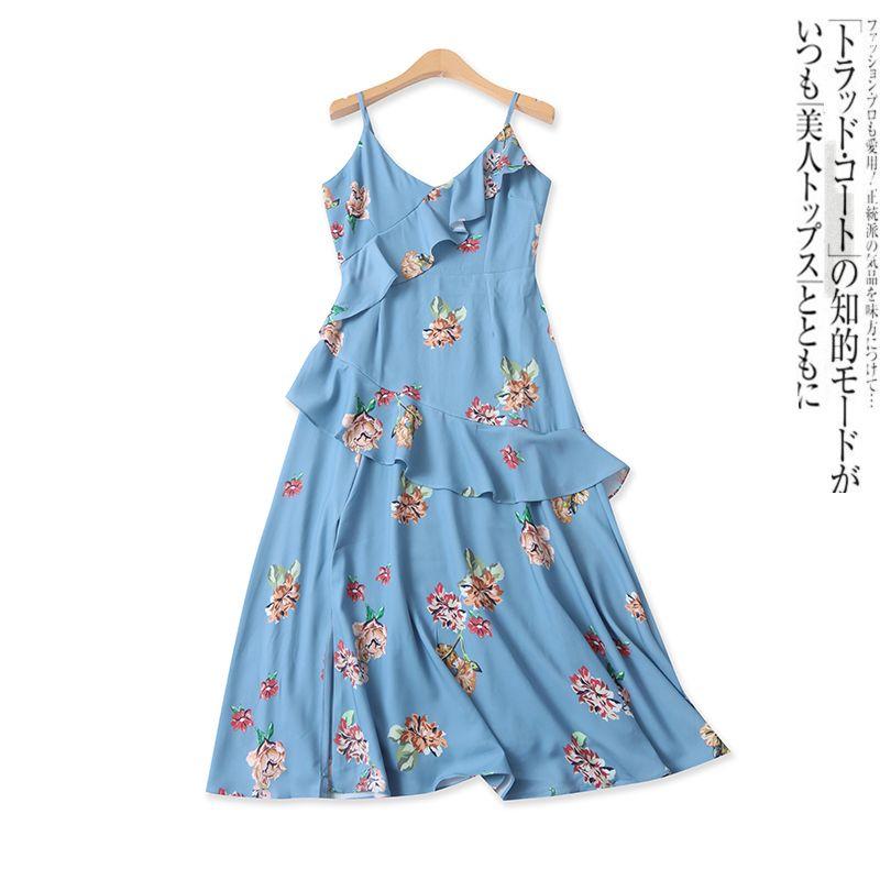 

Print Suspender Skirt Summer New Arrival Foreign Trade Women s Clothing French Joker Ruffles Front Slit Silm Dress 17976 Image color L