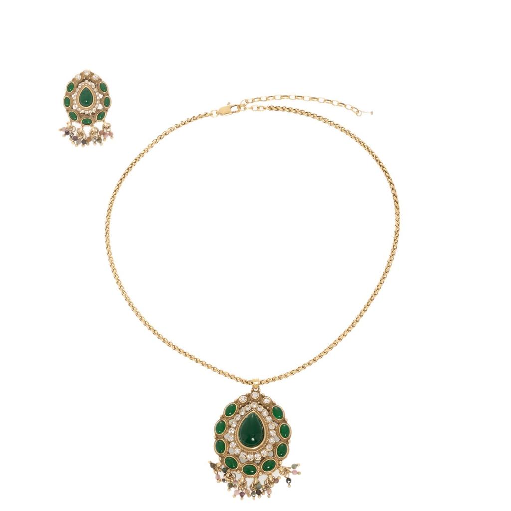 Vintage Color Fringed Pendant Copper Alloy Gold-Plated Green Necklace Earrings Niche Designer Women'S Models
