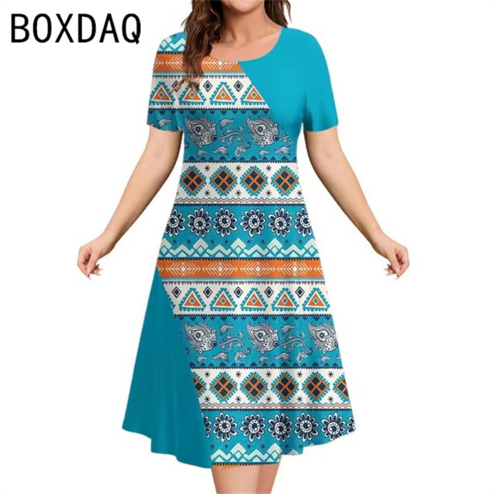 3D Vintage Ethnic Style Elegant A-Line Dress Oversized 3XL Women Short Sleeve O-Neck Casual Dress Letter Printed Casual Dresses