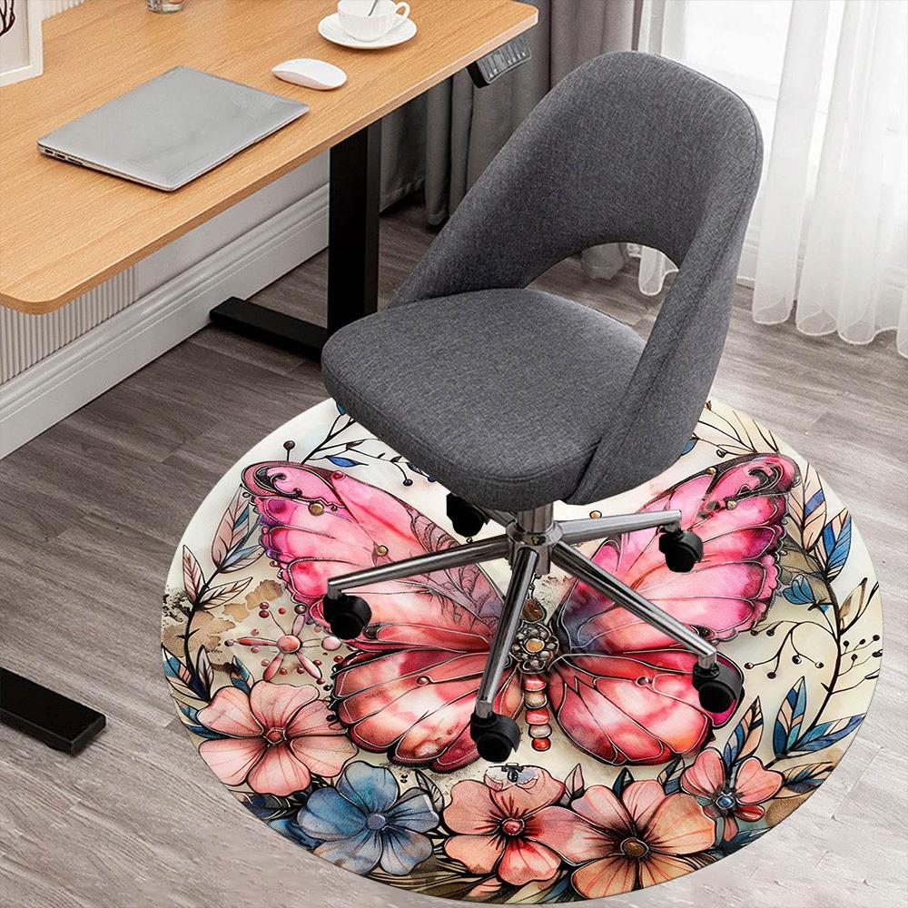 1PC Butterfly Flowers Office Round Area Rug, Under Office Chairs Bedroom Living Room Home Decor, Carpet for Office -1110013