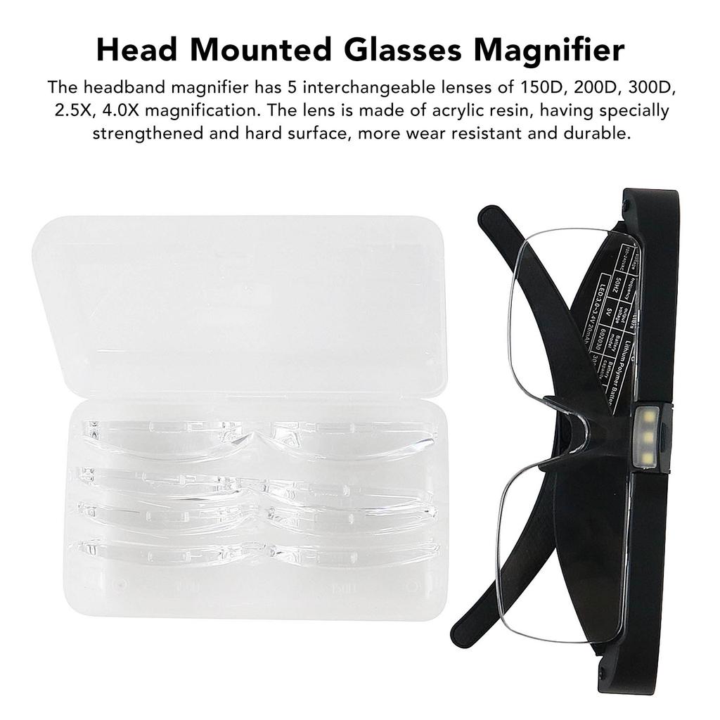Kopfmontierte Vergrößerungsbrille mit 5 Linsen, 3 LED-Leuchten, 2-fach einstellbarer Helligkeit, Stirnband-Vergrößerungsglas, 3,7V