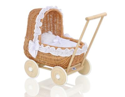 Wicker Doll Stroller with White Embroidered Bedding - Natural