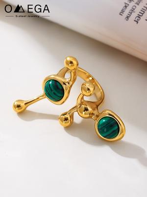 Malachite Stainless Steel Rings For Women 18k Gold Plated Inlaid With Turquoise Aventurine Women's Unique Irregular Chunky Ring