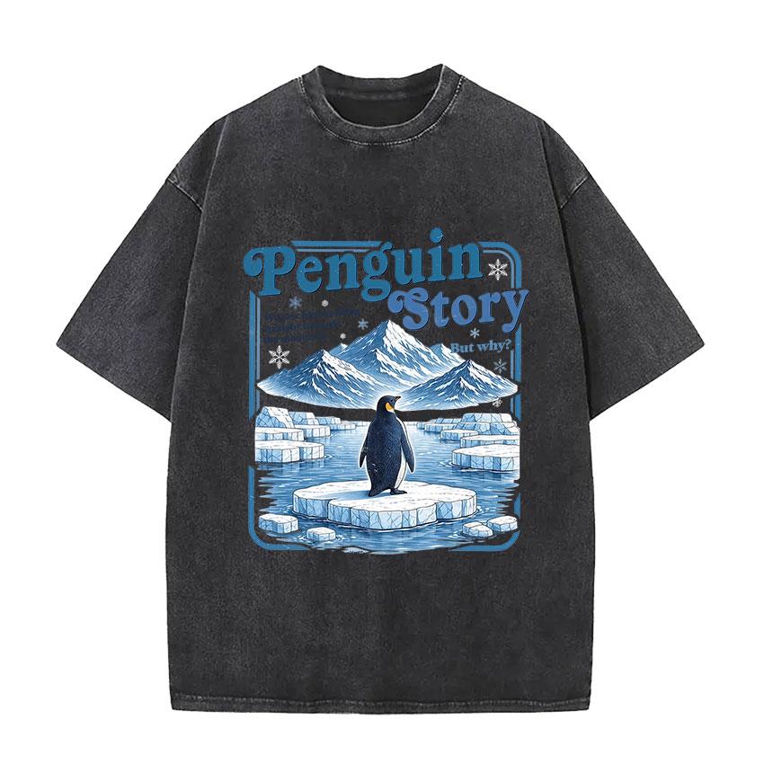 Nihilist Penguin But Why Mountain Hiking Existential Dread Funny Meme T Shirts Men Women Retro Washed Oversized Cotton Tshirt S