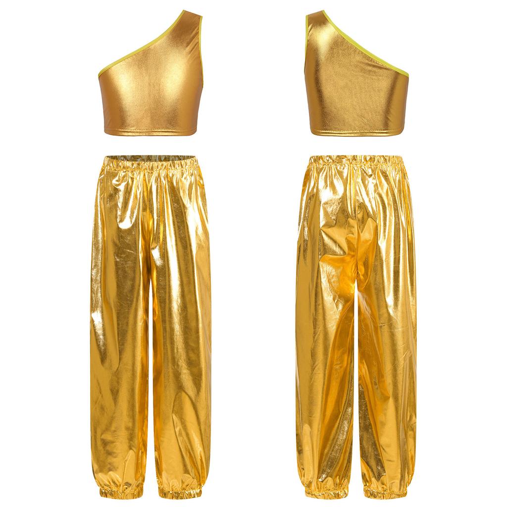 Girls Dance Party Outfit One Shoulder Metallic Cropped Vest Shiny Pants Set for Stage Performances Birthday Events