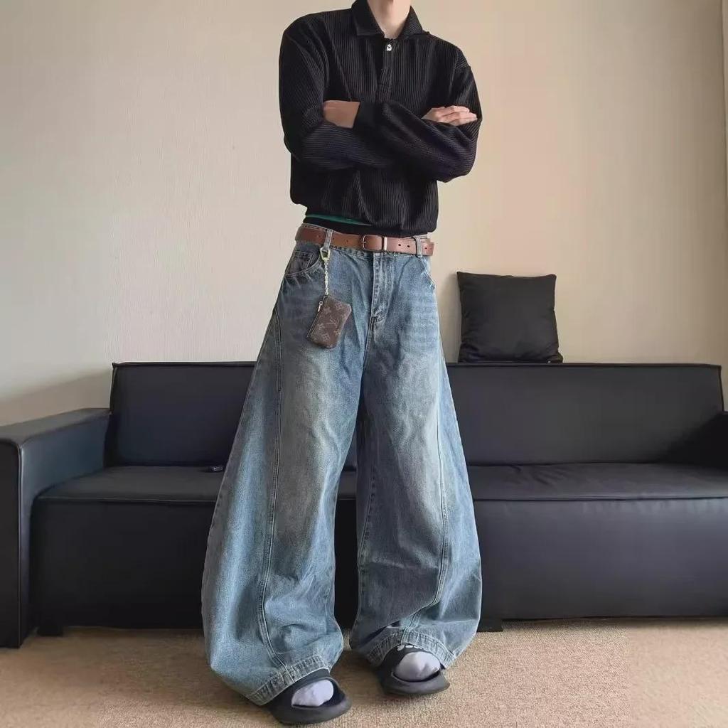 Men's American Retro Washed Loose Straight Wide-Leg Jeans