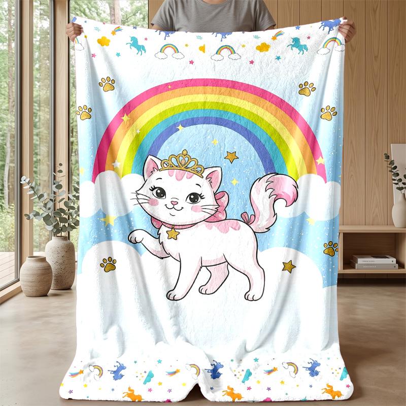 Rainbow Cat Fantasy 3 Theme Blanket Lightweight Warm Flannel Blanket Decorative Throw Blanket for Home Decoration