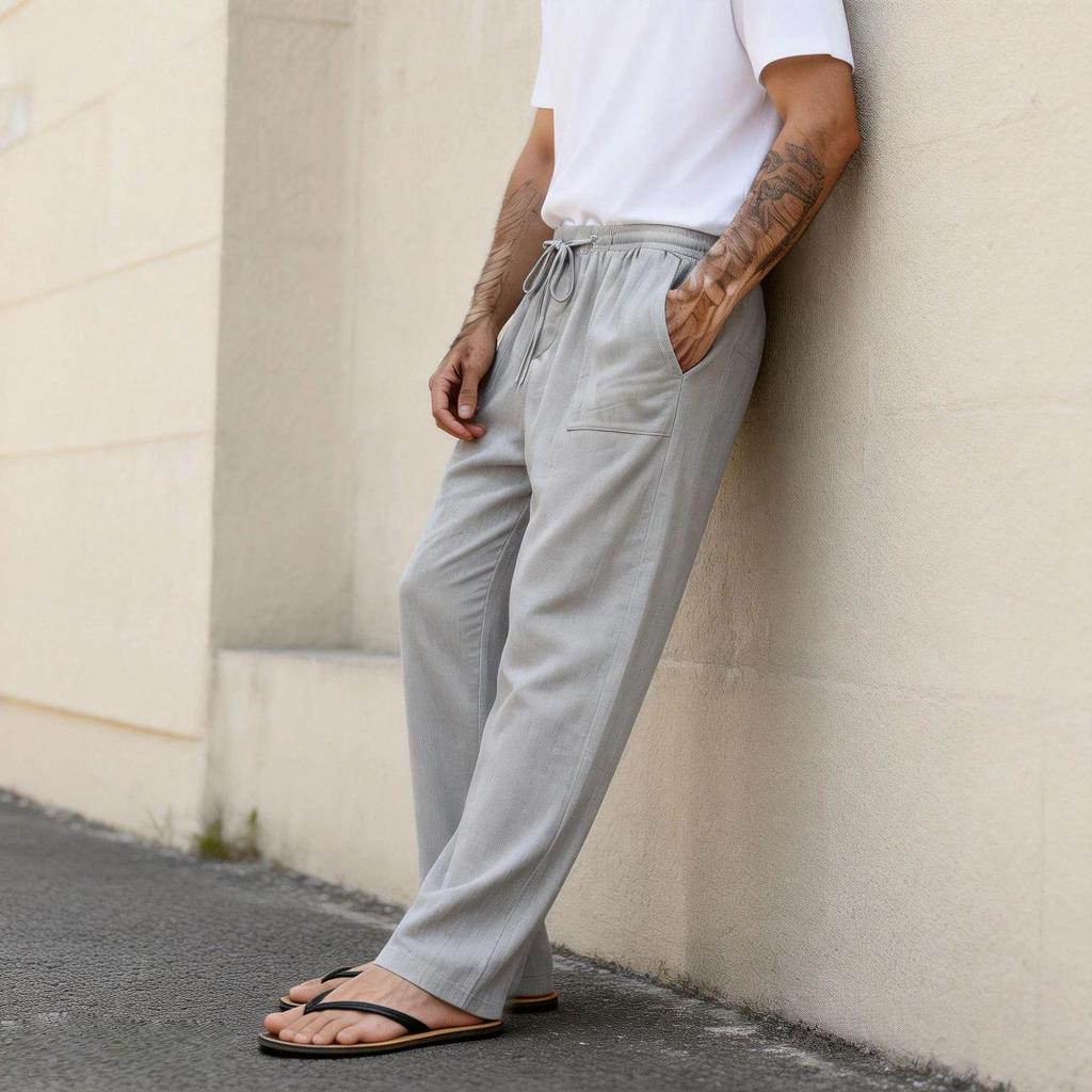 2026 Casual Men's Loose Summer Breathable Beach Pants with Drawstring and Straight Leg Design in Solid Colors.
