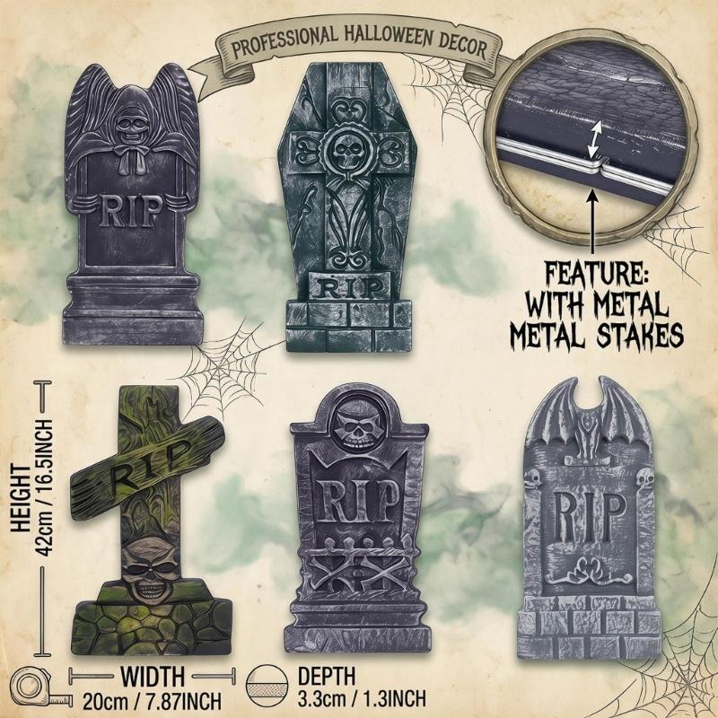 Fall Yard Scene Set, 5 Foam Grave Marker Pieces for Porch Entry Lawn Garden Display, Party Use, Outdoor Themes,