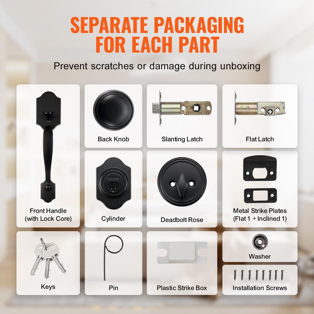 SucceBuy Front Door Handle Deadbolt Set Front Door Lock Set with Interior Knob Adjustable Hole Spacing Single Cylinder Handleset