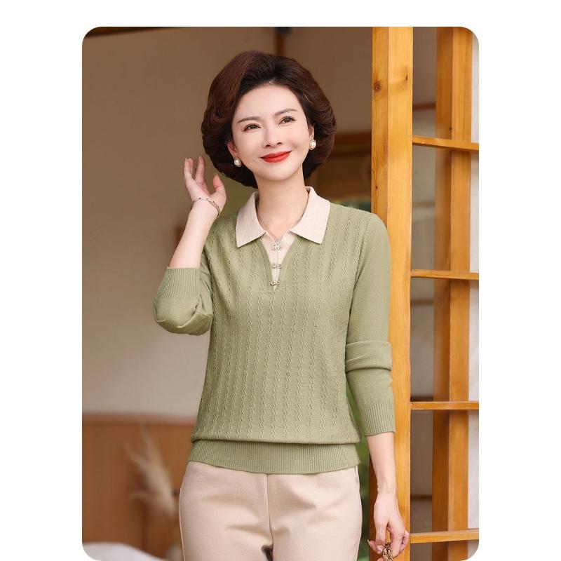 

New Mother Loose Knit Long Sleeve Middle-aged Elderly Women s Lapel Sweater Base Fashionable Top XL