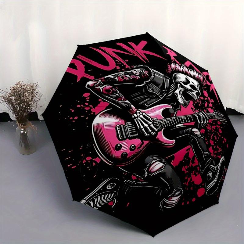 1pc Punk Rock Skeleton with Punk Rock Logo - Automatic Opening Umbrella, Portable Folding Design, 8-Bone Iron Frame Outdoor Umbrella, Festival Gi