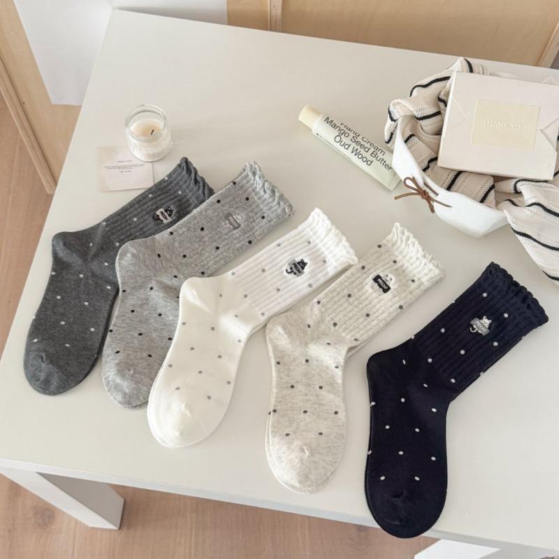 Autumn and Winter Embroidered Cat Polka Dot High Rubber Band Versatile Socks, Women's Mid-calf Socks, Bubble Mouth Lace Long Socks
