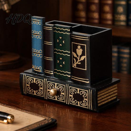 Gold Gilded Book Pen Holder Wooden Book-Shaped Holder Retro Desk Organizer