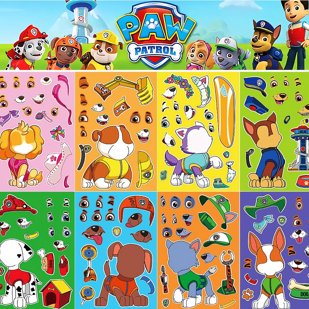 8/16pcs Cute Cartoon PAW Patrol Anime Puzzle Stickers Game DIY Chase Make-a-Face Assemble Funny Decals Assemble Jigsaw Toys Gift