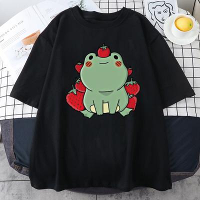 Sweet Strawberry Frog Print Summer Men/Women O-Neck T-shirt Casual Cotton Short Sleeve Pullover Streetwear Trend Unisex Clothing