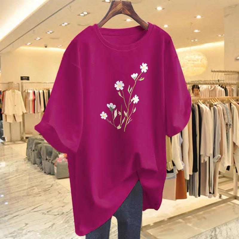 Cotton white short-sleeved t-shirt women's summer new flower print crew neck loose top bottoming shirt