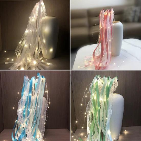 Ribbon Fairy Wand Light-up Wedding Wand Glow Lace And Ribbon Stick with Bell for Wedding Reception Graduation Birthday Party New Year Celebration