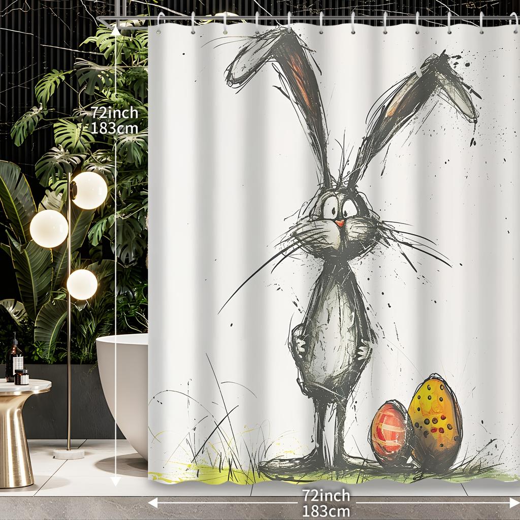 1pc Shower Curtain - Whimsical Easter Bunny with Decorated Eggs Design Waterproof