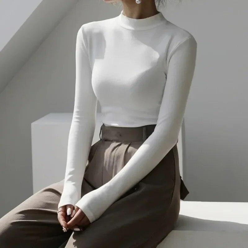 Jesień Y2K T-Shirt moda zimowa koszulka z długim rękawem ciepły top casualowe w stylu Streetwear jednolita koszula z krótkim rękawem obcisłe ubrania Blusas 29770