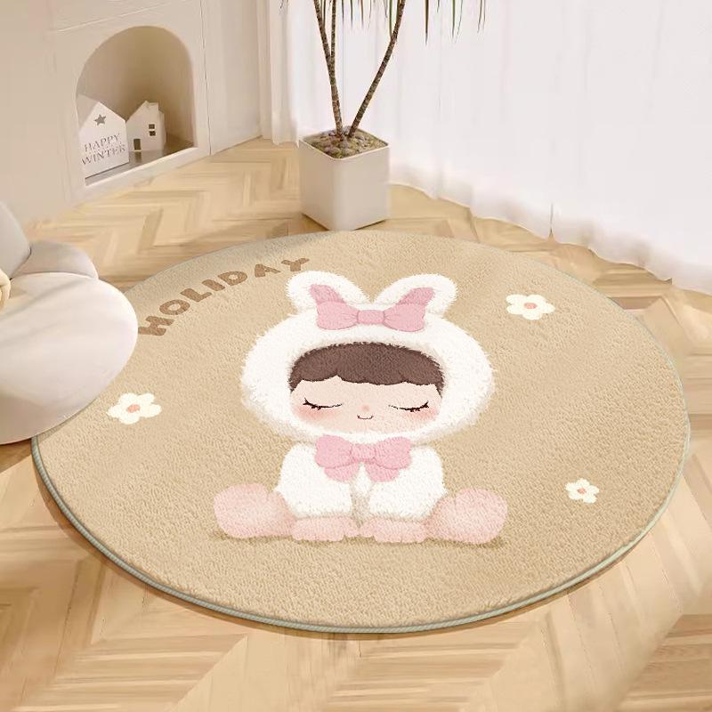 Cute Cartoon Pink Carpet for Girls: Cool-Proof Round Faux Cashmere Bedside Rug.