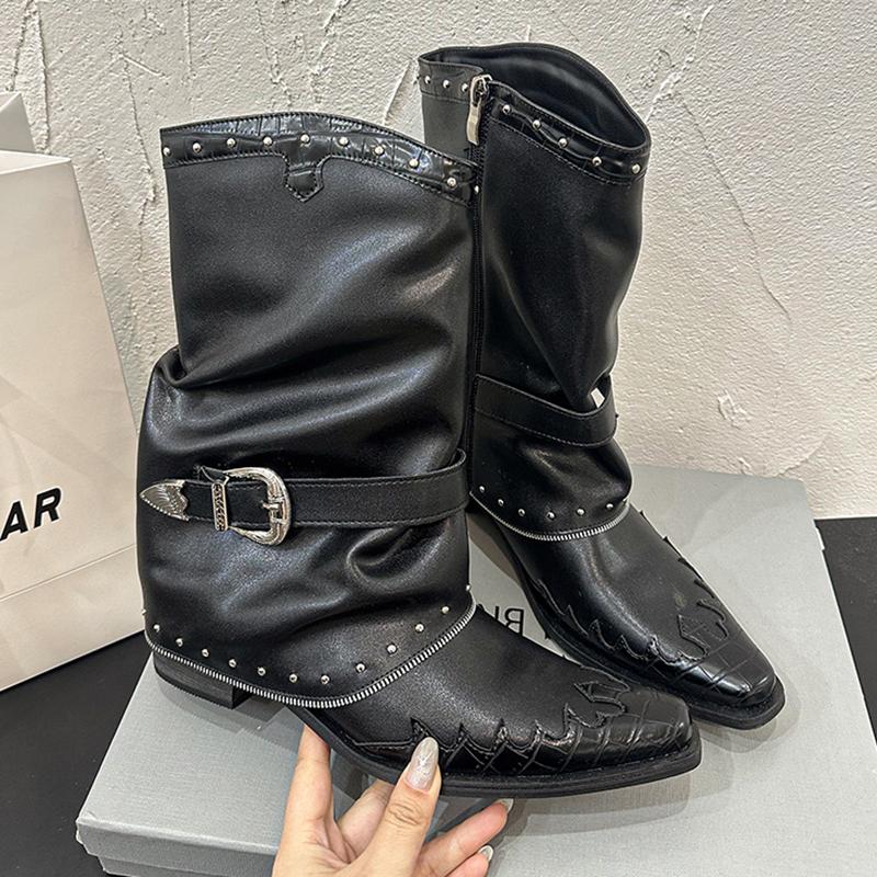 Fashion Goth Rivets Thick Heels Mid Calf Boots Women Fashion Pointed Toe Zipper Riding Boots Woman Spring Autumn Belt Buckle Punk Botas