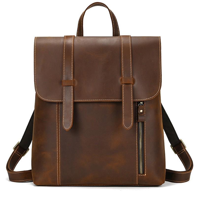 Vintage Crazy Horse Leather Backpack for Men and Women - Genuine Leather Travel and School Bag