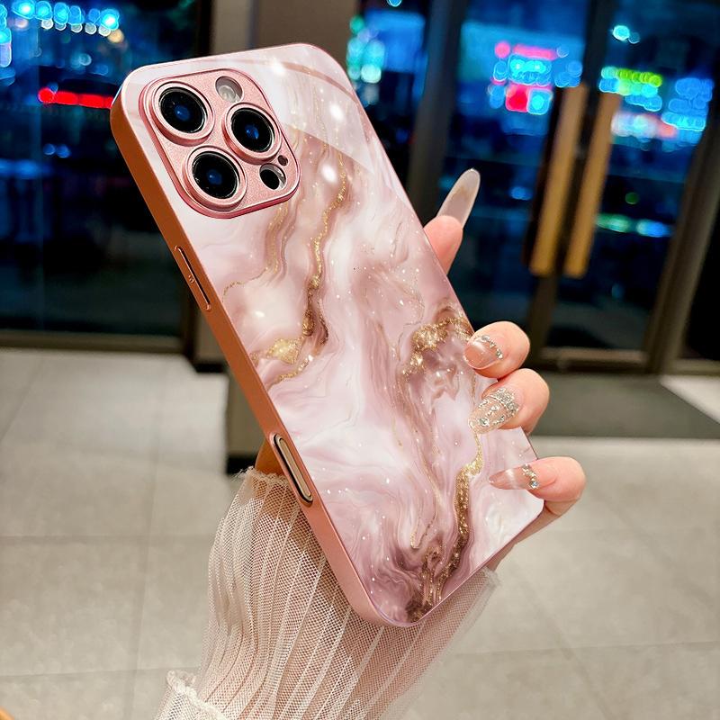 Liquid Marble Glitter Pink Metallic Glass Phone Case For iPhone 11 12 13 14 15 16 17 Pro Max Plus 17Air 16E 7 8 XsMax Back Cover