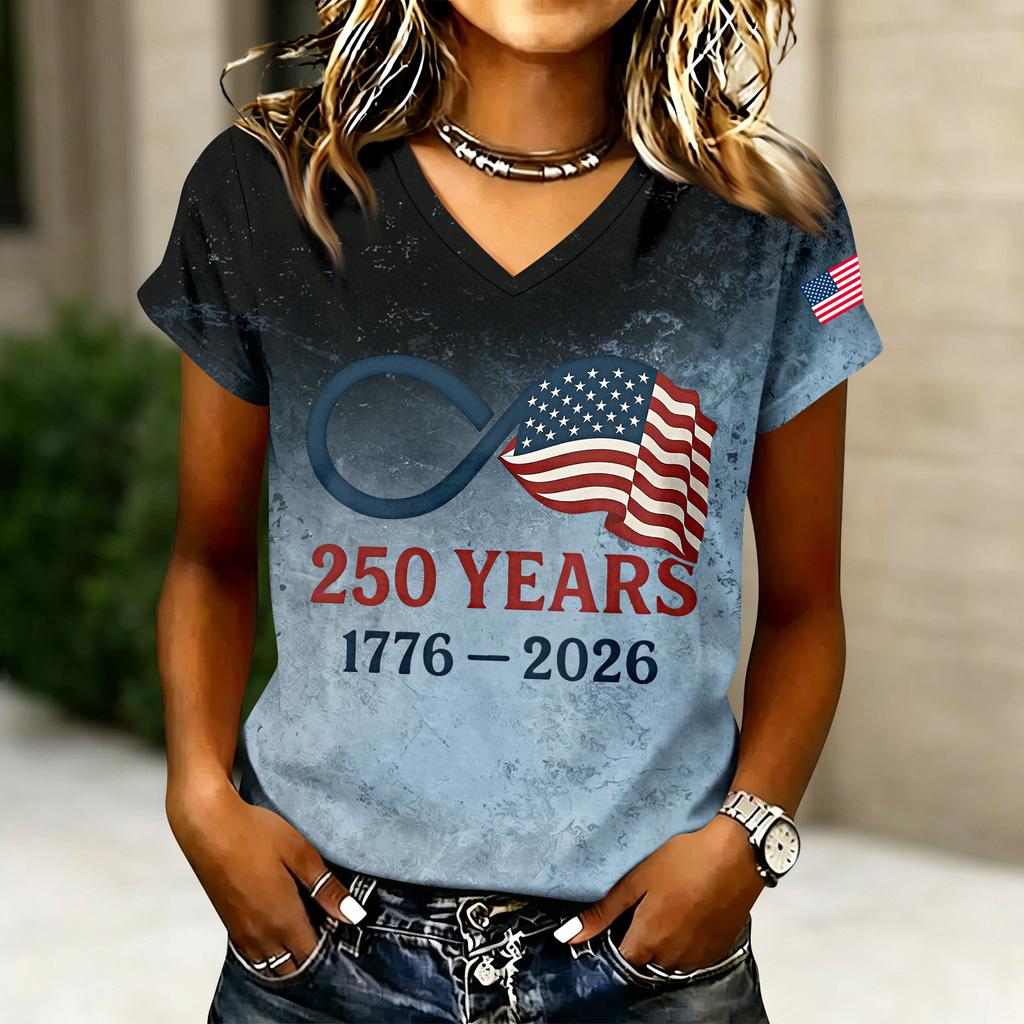 Women's Casual V Neck Short Sleeve T Shirt with Letter Print 250 Years 1776-2026 American Flag Graphic Top Summer Tee
