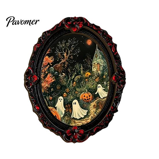 Decorative Metal Cabinet Stickers Halloween Wooden Refrigerator Magnets, Vintage Gothic Oval Frame Fridge Magnets with Witch Niche Holiday Souvenir
