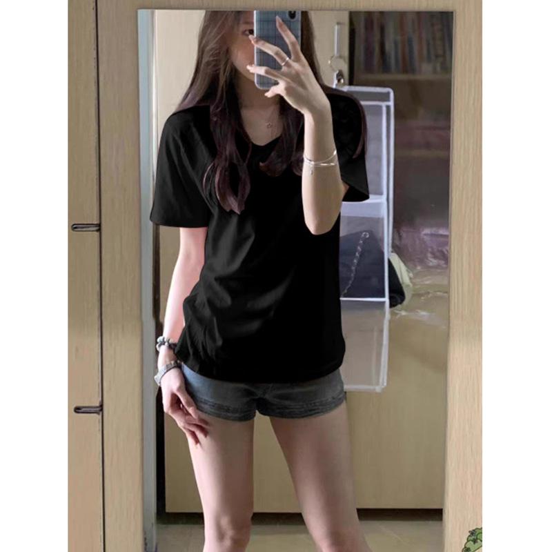Women's Pink V-Neck Short-Sleeve T-Shirt - Summer 2026 Korean Style, Loose Fit, Slimming, Versatile Plain Color Half-Sleeve Top