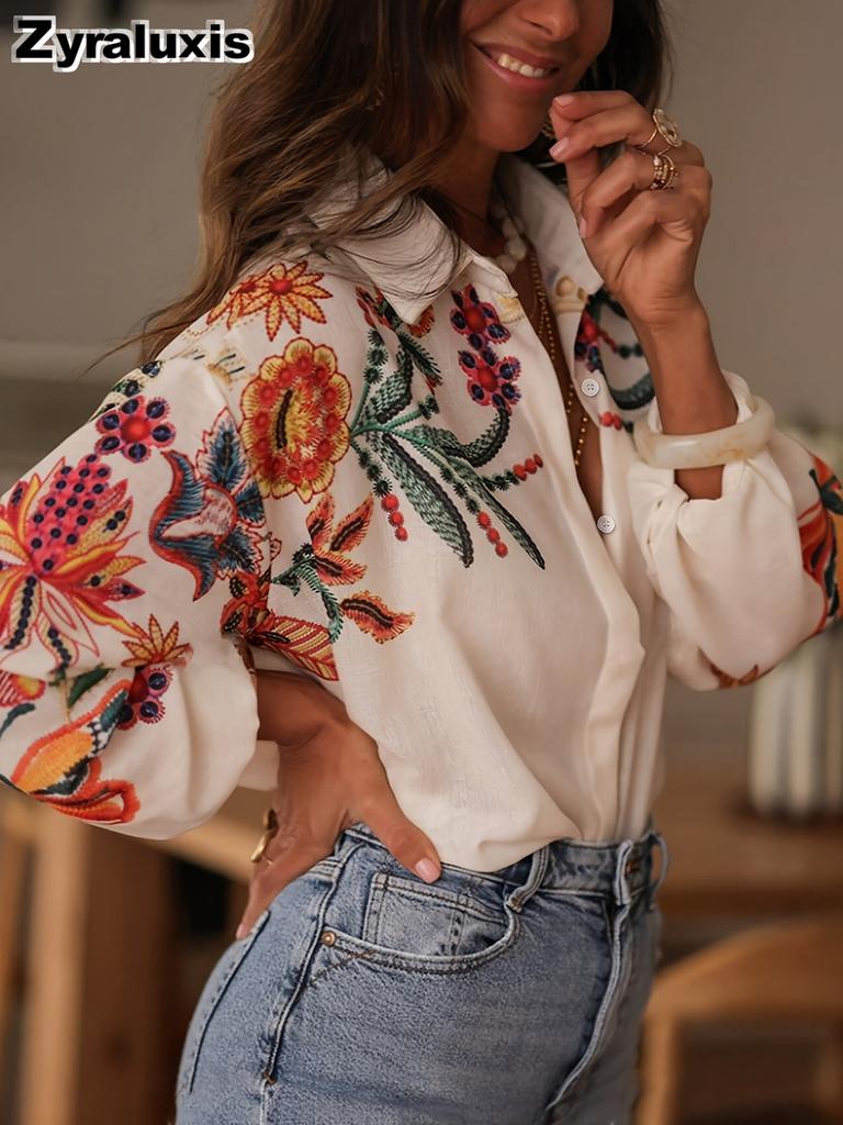 Women's Spring Summer New Loose Long Sleeve Printed Shirt Top