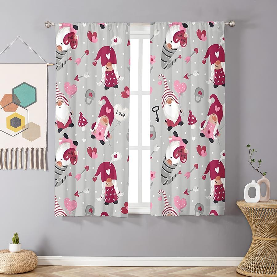 2pcs Cute Love Gnome & Heart Curtains, Perfect for Valentine's Day Window Decor, Whimsical Home Bedroom Living Room Decor