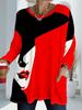 Women's Plus Size with Pocket Design Red Splicing Loose Long Sleeve T-Shirt