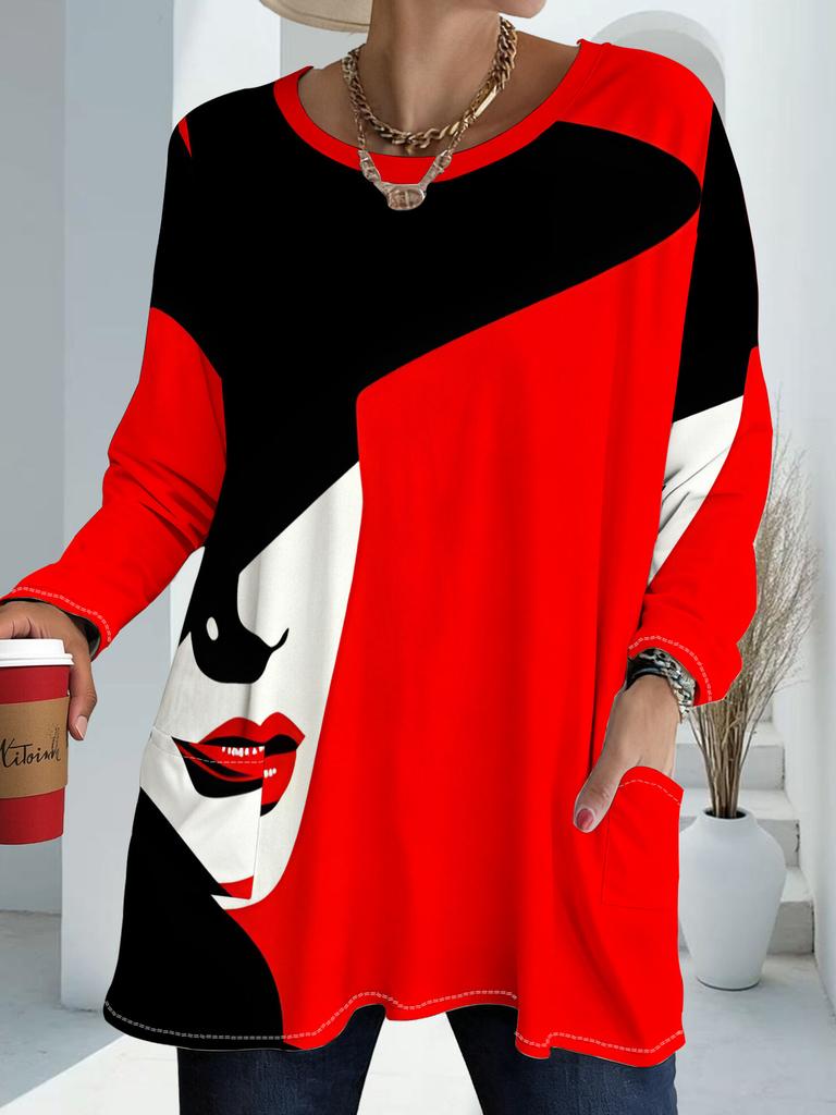 Women's Plus Size with Pocket Design Red Splicing Loose Long Sleeve T-Shirt