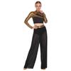 S-XXL Women Two-Piece Lyrical Dance Outfit Mock Neck Long Sleeve Cutout Back Sequins Rhinestones Crop Top with Side Split Sheer Chiffon Pants