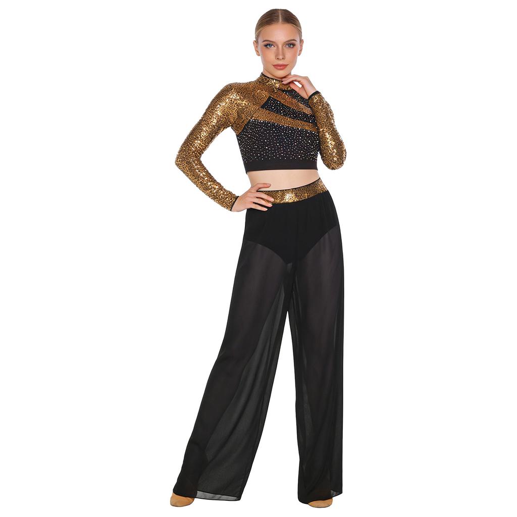 S-XXL Women Two-Piece Lyrical Dance Outfit Mock Neck Long Sleeve Cutout Back Sequins Rhinestones Crop Top with Side Split Sheer Chiffon Pants