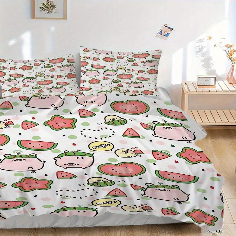 3pcs Watermelon Pigs Print Bedding Quilt Cover, Soft and Comfortable Quilt Cover Suitable for Bedroom and Guest Room180