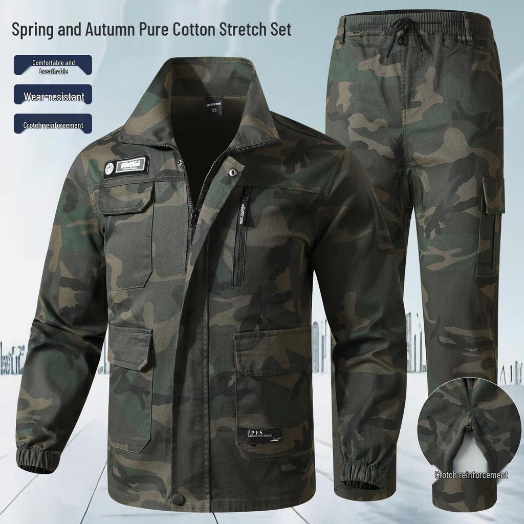 Unisex Spring/Autumn Camouflage Workwear Suit - Elastic, Anti-scalding, Wear-resistant Cotton for Welders and Auto Repair