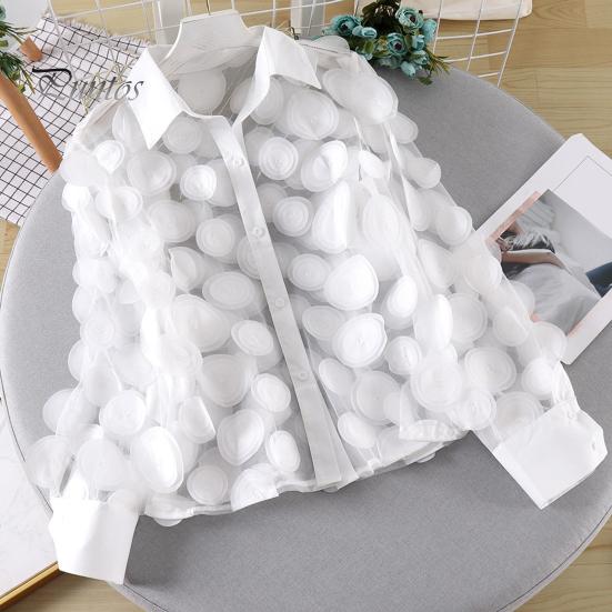 Women Summer Chiffon Shirt Lapel Lantern Long Sleeve Shirt Tops 3D Floral Print Semi-Sheer Mesh Splicing Single Breasted Blouse