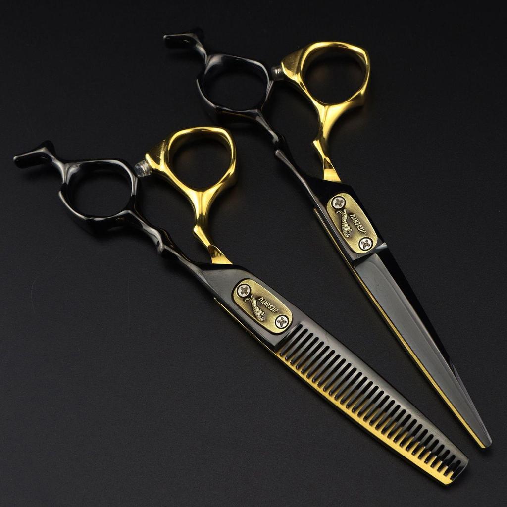 6.0" Black & Gold Leopard Hairdressing Scissors - Straight Shears for Barbers & Bangs