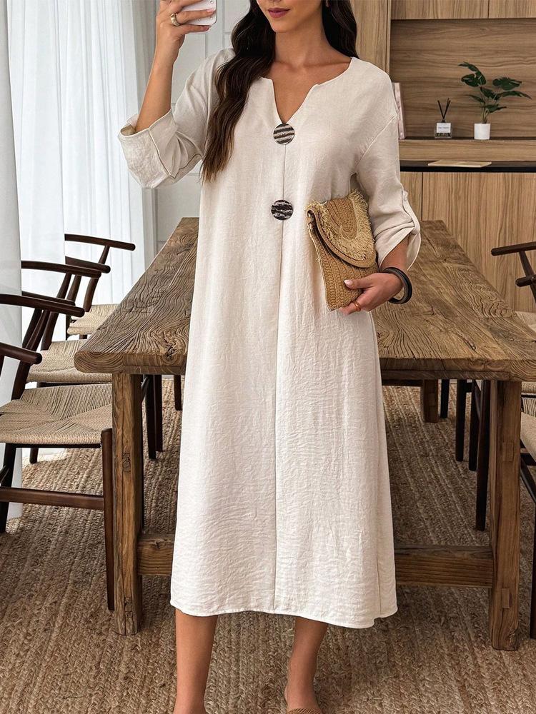 Women Long Sleeve V Neck Button Front Dress Multi Colors