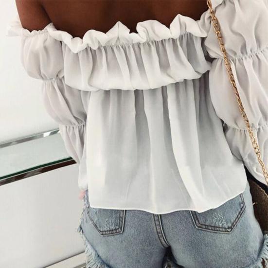 Women Sexy Solid Color Long Sleeve Off Shoulder Ruffled Edges Short Blouse Top